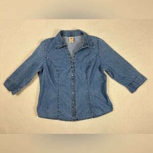 Vintage Faded Glory Women’s 16W Pearl Snap Denim Shirt 3/4 Sleeve Empire Jean